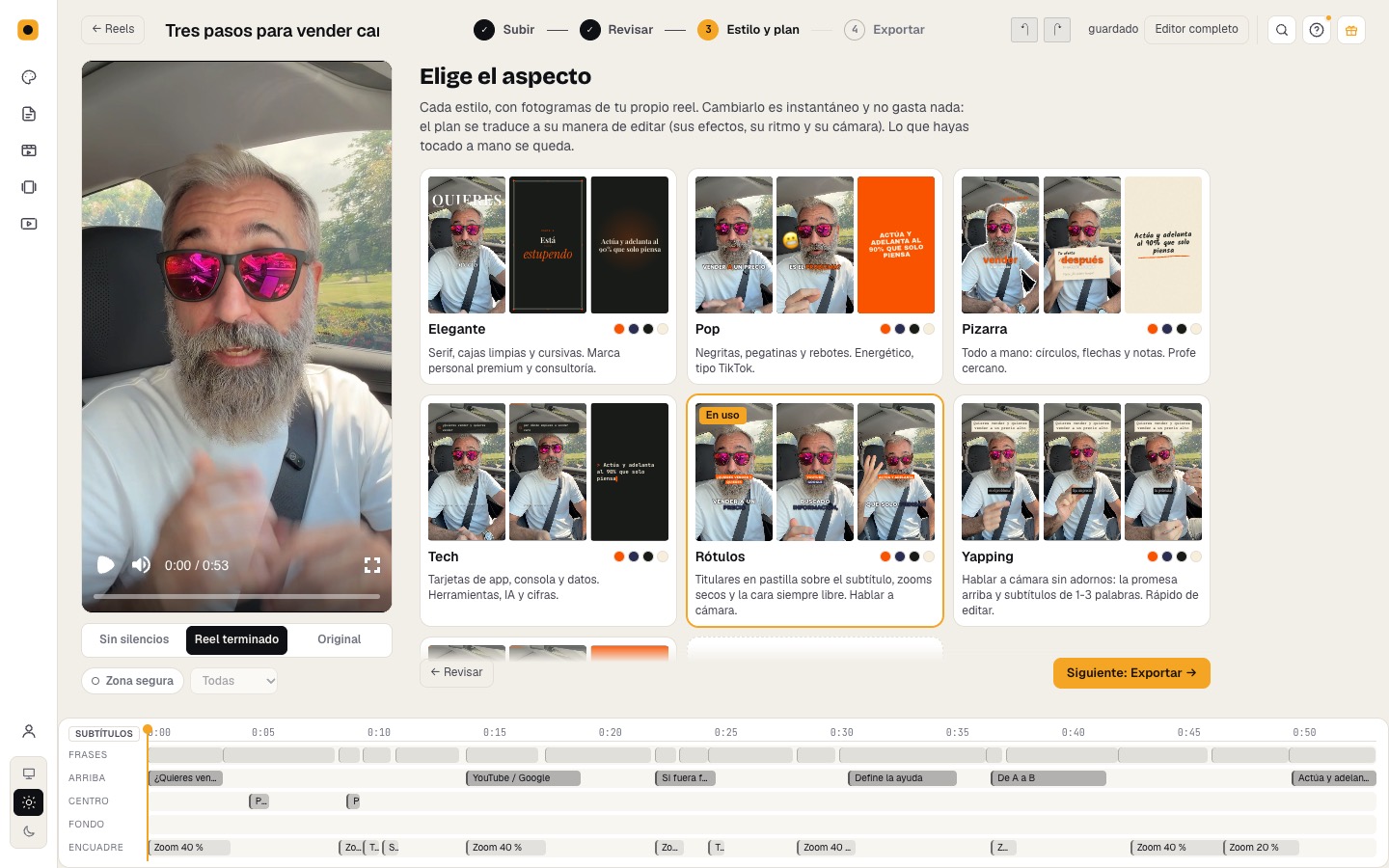 El editor de wadrop en el paso «Estilo y plan»: el reel a la izquierda y seis estilos para elegir, cada uno con fotogramas del propio vídeo.