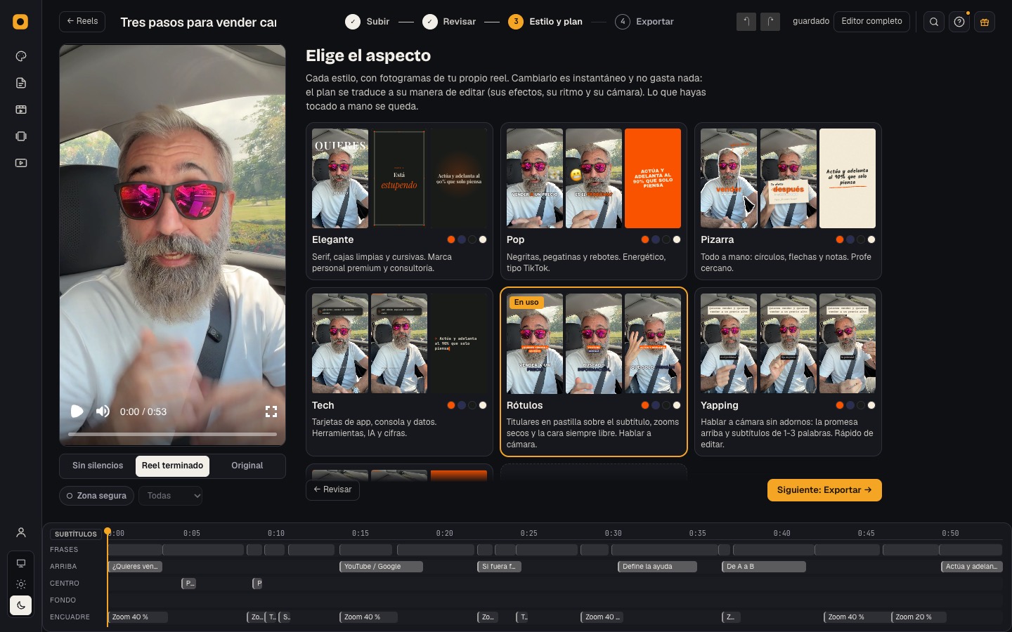 El editor de wadrop en el paso «Estilo y plan»: el reel a la izquierda y seis estilos para elegir, cada uno con fotogramas del propio vídeo.