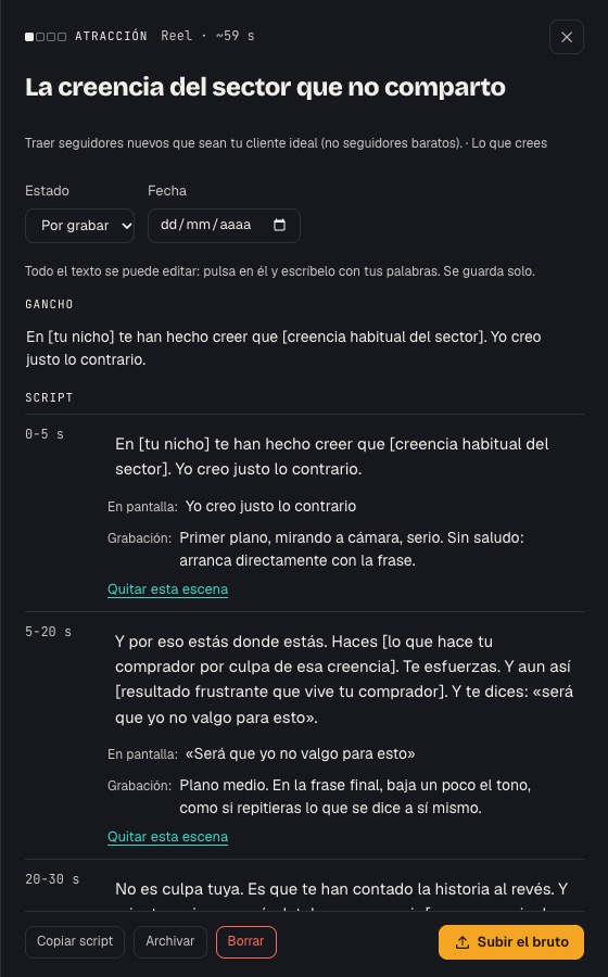 Un script abierto en wadrop: gancho, escenas con sus segundos, el texto en pantalla y cómo grabar cada parte.